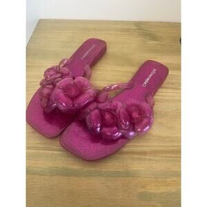 NWOT Jeffrey Campbell Floralee Sandals Floral Pink Glitter Black Thong Women’s